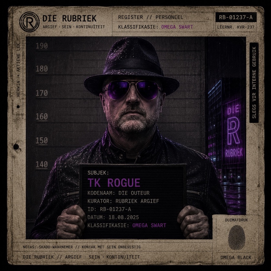 Die Rubriek register card for subject TK Rogue, codename Die Outeur, ID RB-01237-A, dated 18.08.2025.